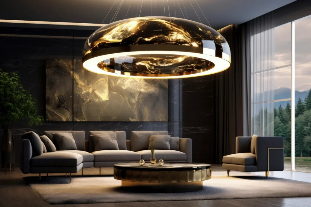 Luxurious living room with a large and black chandelier